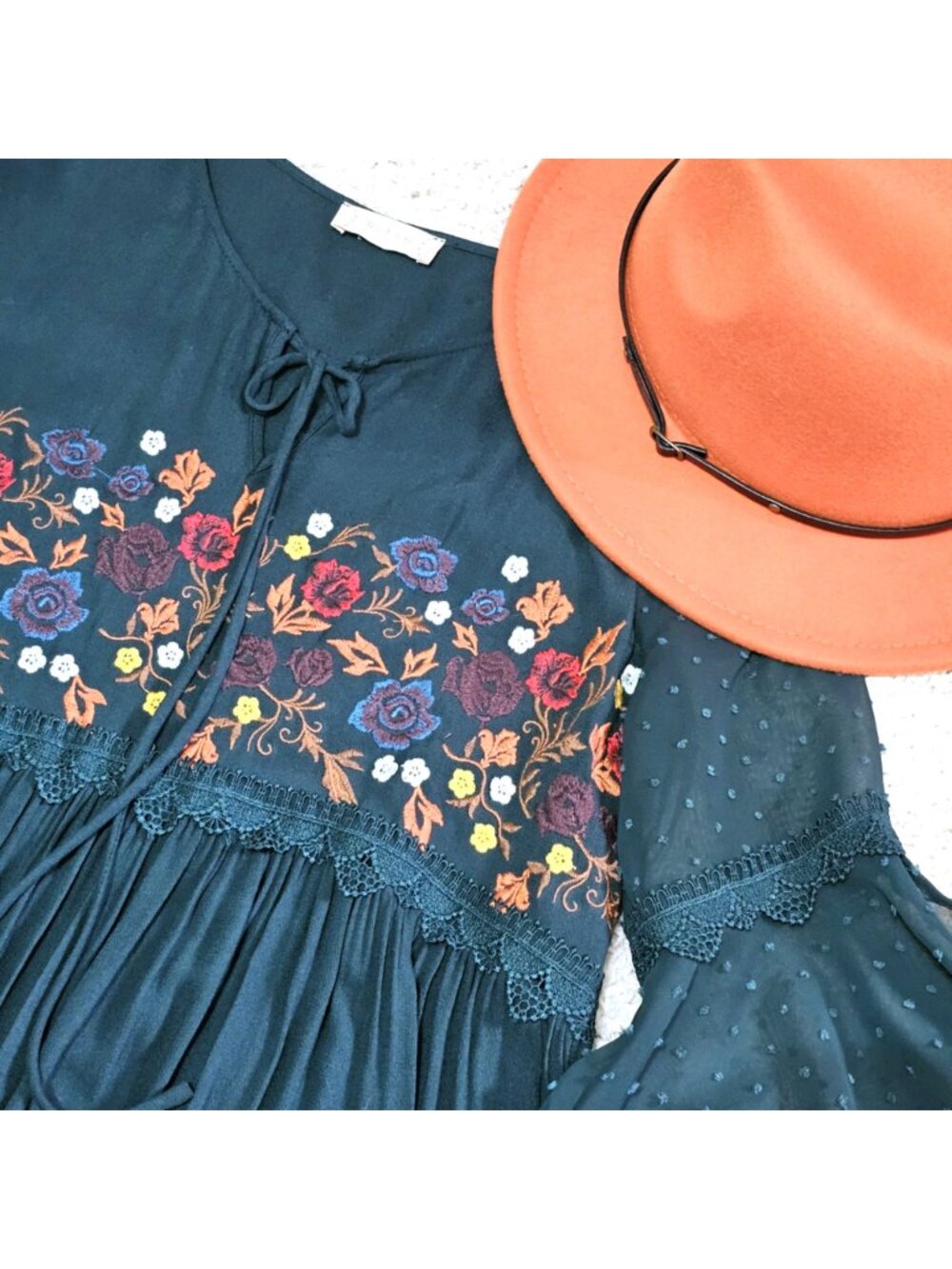 Altar'd State Brand Dress. Teal Green Floral Embroidered Swiss Dot. Size Small - Picture 9 of 13